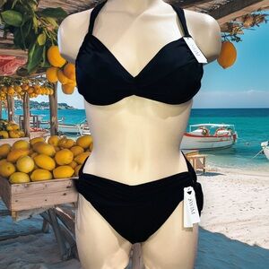 Victoria Secret Swim Bikini Top & Bottom Black Solid String Triangle New Medium